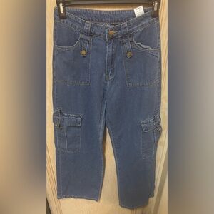 Shein Baggy Cargo Pockets Women's Size 28 Dark Blue Denim Jeans Mid Rise